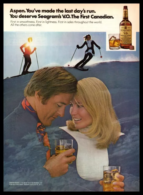 1972 Seagram's VO Canadian Whisky Aspen Snow Ski Resort "The Last Run" Print Ad