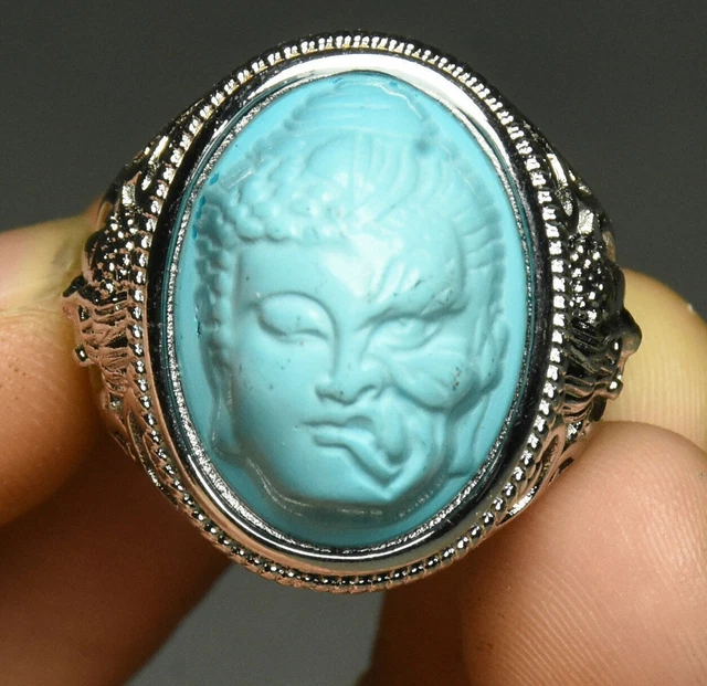 3CM Old Silver Lnlay Bule Turquoise One Gods Demons Jewelry Ornament Ring