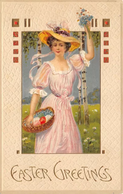 Easter~Lovely Lady in Pink Gown~Birch Trees~Streamer Hat~Colored Egg Basket~1909