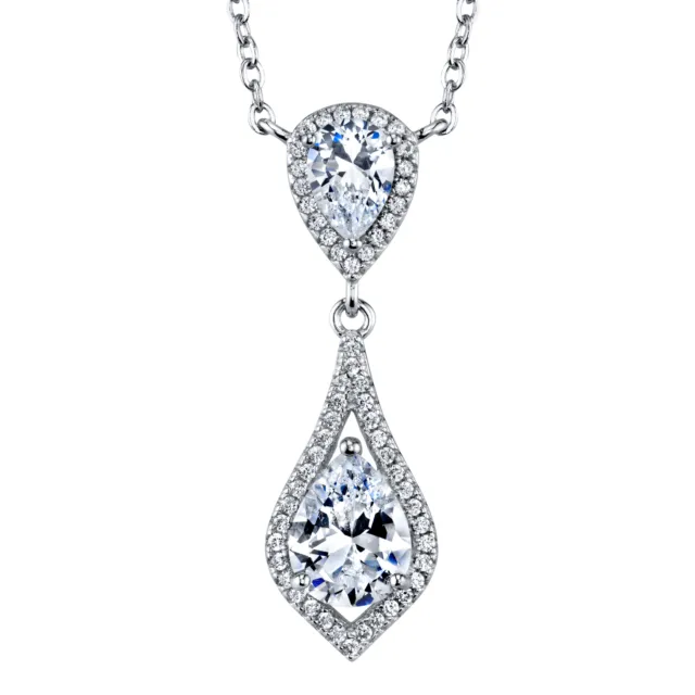 Women's Sterling Silver 925 Opera Charm Pendant Pear CZ Necklace 16-18"