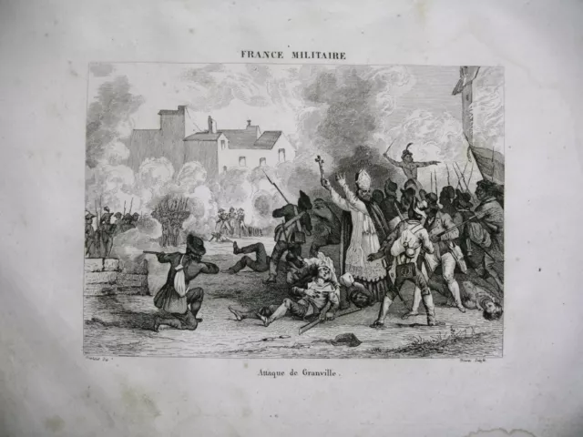 gravure ancienne XIXe FRANCE MILITAIRE attaque de Granville