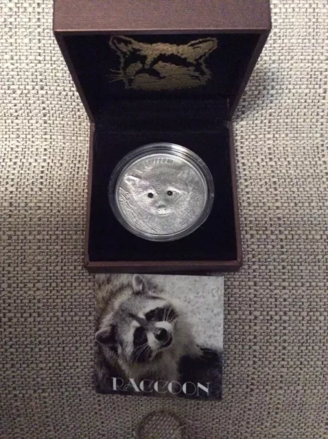 Vanuatu 2013 Raccoon Black Onyx Eyes 50 Vatu 1 Oz Silver Coin. RARE!!