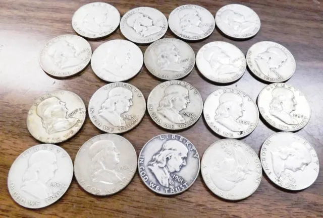 19 Franklin Silver Half Dollars Roll Less 1 1949-1963 Est VG-XF $14.16 each