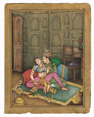 Mughal Miniature Painting Of Prince & Princess Enjoying Romance With Hookah