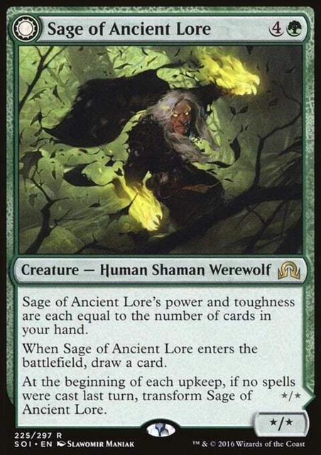Sage of Ancient Lore // Werewolf of Ancient Hunger 1x FOIL SOI MTG Shadows Over Innistrad Rare MINT green Sage of Ancient Lore // Werewolf of Ancient Hunger 1x FOIL SOI MTG Shadows Over Innistrad Rare MINT green