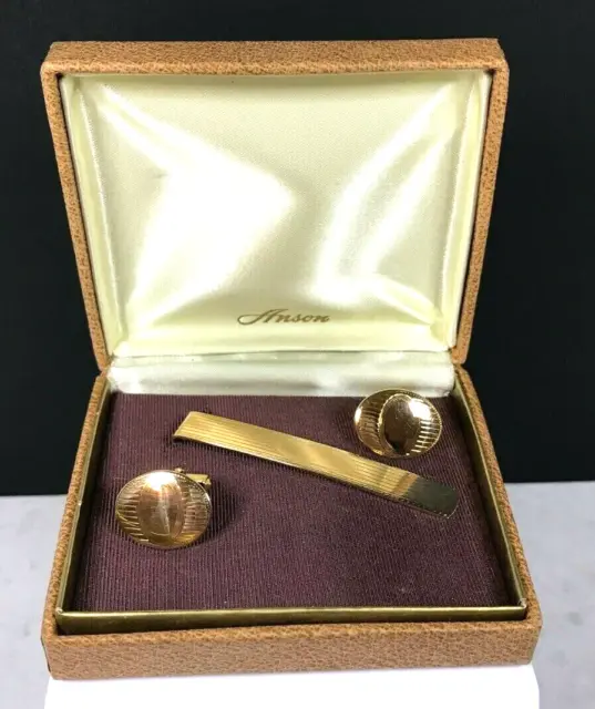 Vintage Anson Gold Tone Art Deco Tie Bar and Cuff Links in Original Box
