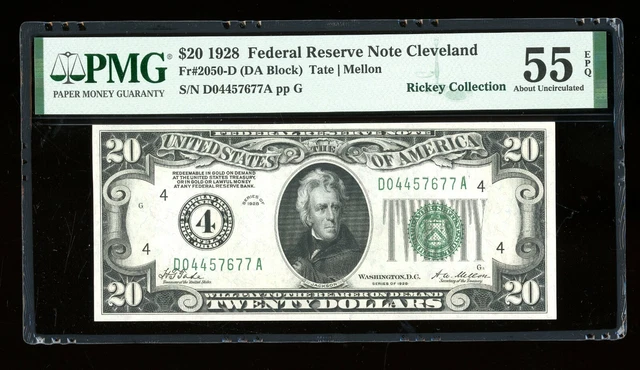 DBR 1928 $20 FRN Cleveland Numeral Fr. 2050-D PMG 55 EPQ Serial D04457677A
