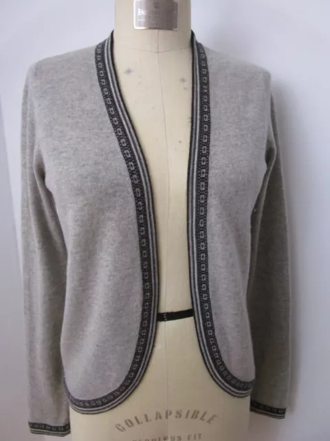 M Gray CASHMERE Open Cardigan Sweater Knit Intarsia Banding 2