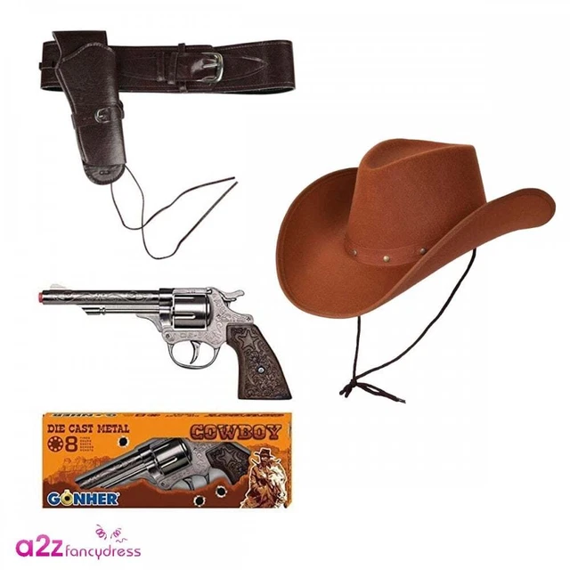 ADULT BROWN TEXAN Cowboy Hat + Belt/Holster + DieCast Metal Cap Gun