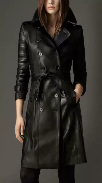 New Women Black Genuine Real Leather Trench Coat