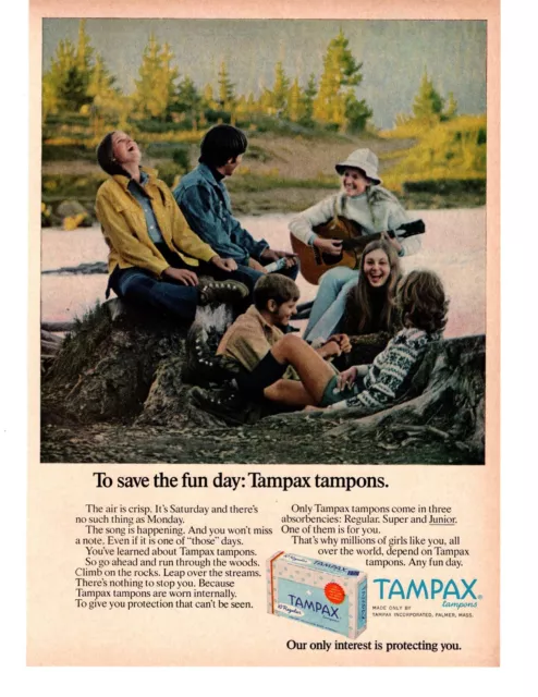1972 Tampax Tampons Palmer Mass Camping Guitar Lake Camp Laughing Print Ad