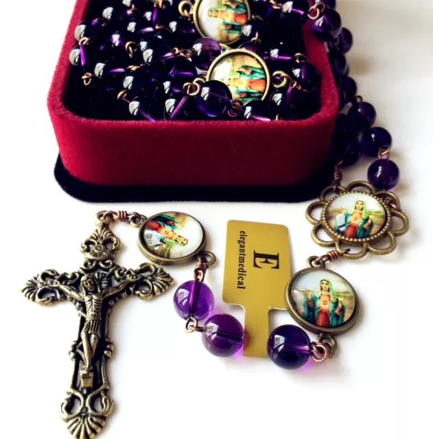 AMETHYST BEADS MARY ROSARY Vintage CROSS CRUCIFIX CATHOLIC NECKLACE BOX