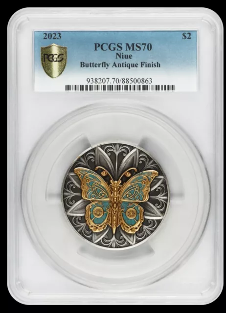 PCGS MS70 2023 Niue Steam Punk Art Butterfly Silver Coin Antiqued 2oz Only 199pc