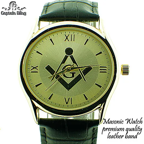 Masonic Watch Freemason Elegant Black Leather Band Watch w Collectible Watch Box