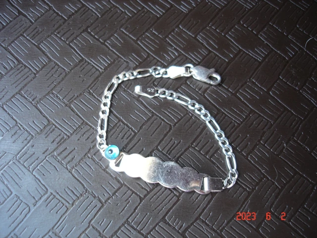 Cute Sterling Silver Figaro Chain & Glass Evil Eye Bead Engravable ID Bracelet