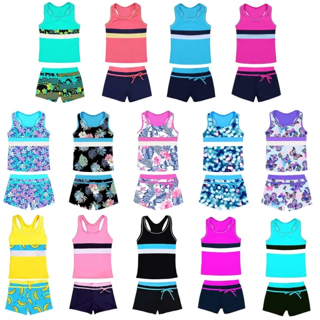 Girls 2Pcs Tankini Beach Swimsuit Racer Back Tank Top with Boyleg Swim Shorts