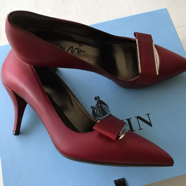 New Lanvin Calfskin Leather Point-Toe Buckle Pump, Burgundy (Size 37/US 6) w Box