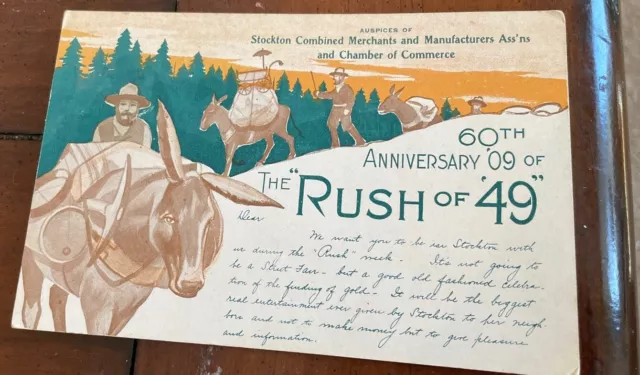 Gold Rush 60th Anniversary Stockton CA Mining Poster-Style 1909 Antique Postcard