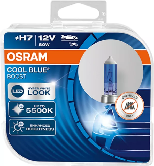 H7 OSRAM COOL BLUE BOOST + 5500K LAMPS WHITE XENON EFFECT +50% 80W 12V Light X 2