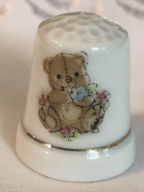 Vintage Collectible Thimble Teddy Bear White With Gold Trim Porcelain Great Gift 2