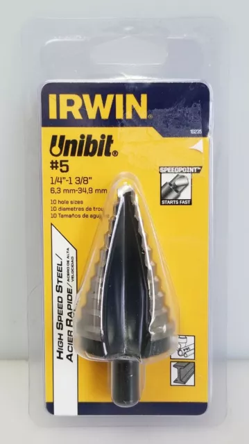 Irwin 10235 #5 Unibit Step Drill Bit, 1/4" - 1-3/8", Speed Point HSS USA NEW