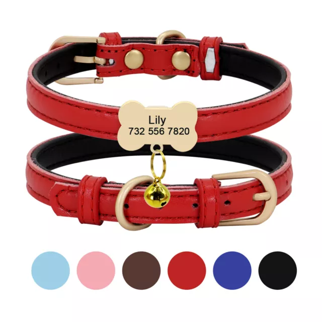 Leather Personalized Dog Collar Custom Dog Bone Tag Engraved Adjustable Puppy XS