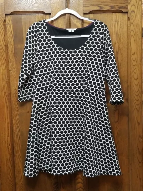 Boden Black White polka dot fit and flare lined dress 3/4 sleeve 10P   UK-14P