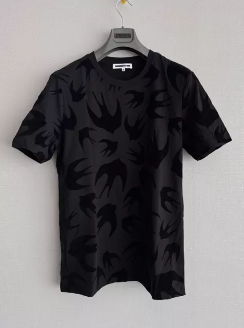 McQ by Alexander McQueen T-shirt XL Size Flocked Swallows Cotton Black