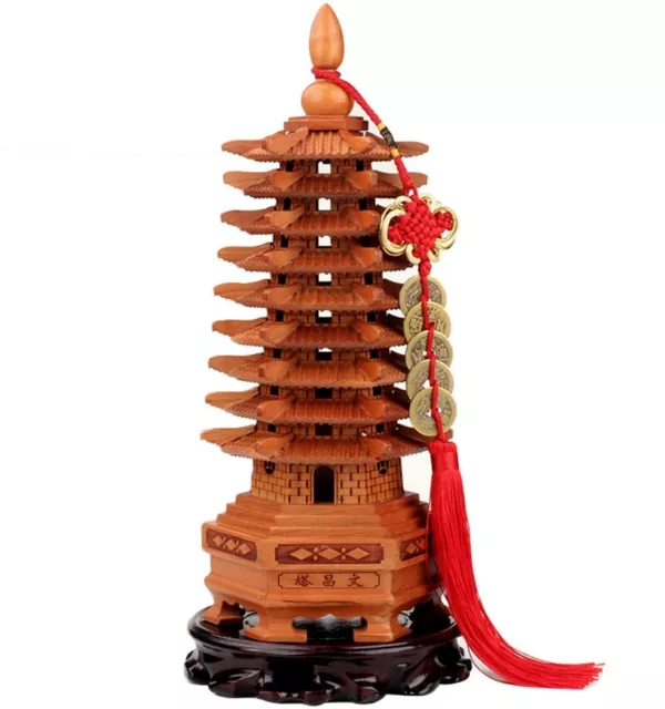 11" Chinese Peach Wood Carved 9-Level Pagoda Wen Chang Buddha Tower Feng Shui