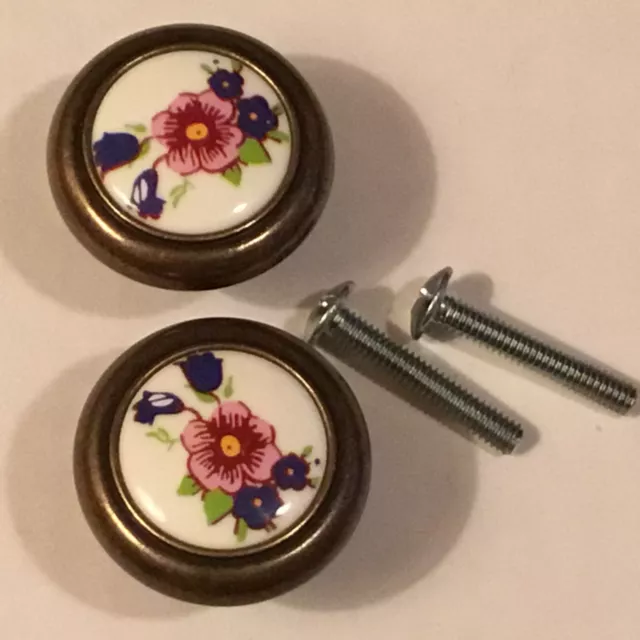 Set Of 2 Drawer Knobs / Pulls! Ceramic / Metal Gorgeous Floral Pattern 1” Round