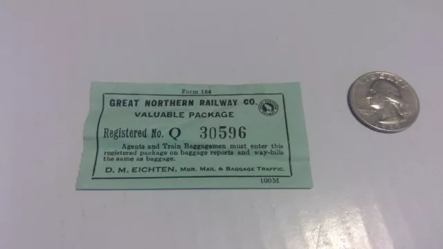 Vint. Great Northern Railway Valuable Package Tag Gnry Railroad Baggage Check 1