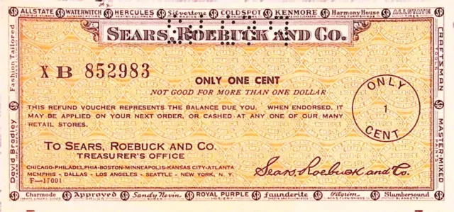 1930s Sears Roebuck & Co. Cash Coupon Voucher Only 1 Cent