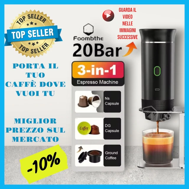 Macchina Caffè Espresso Portatile 3 In 1 - Wireless A Batteria, Polvere E Cialde, 20 Bar