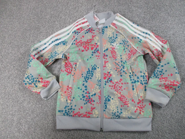 Giacca da pista Adidas ragazze 6-7 anni nera cerniera intera manica lunga floreale gioventù