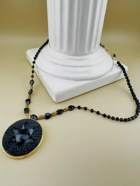 1900’s Vintage Black Faceted Jet Glass Button Necklace With Onyx And Glass Beads