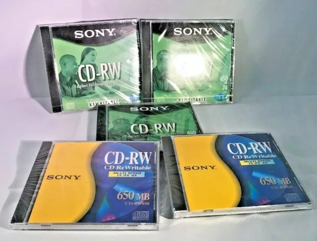 Lot of 5 Sony CD-RW 650MB 74 MIN Rewritable 1x2x4x Speed Discs NEW Sealed