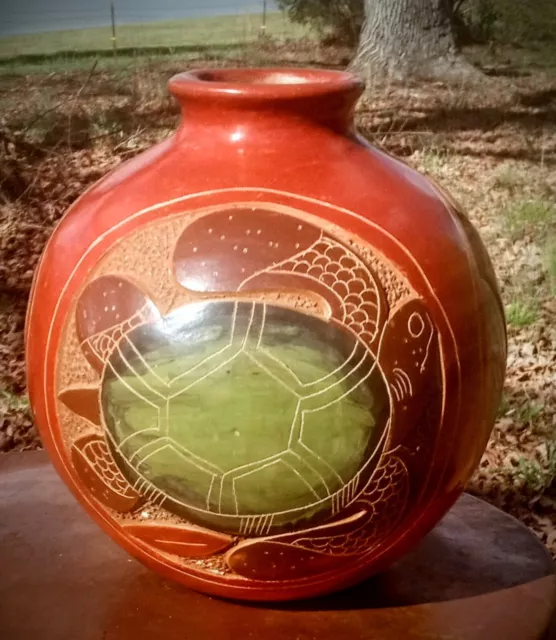 Costa Rican Red Clay Hand Carved Art Pottery Vase Signed Enirique