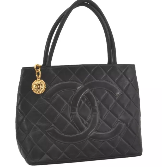 Authentic CHANEL Calf Skin Medallion CC Logo Shoulder Tote Bag Black 7927I