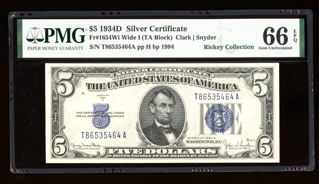 DBR 1934-D $5 Silver Gem Fr. 1654Wi Wide I TA Block PMG 66 EPQ Serial T86535464A