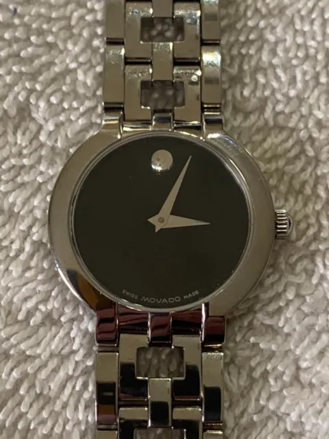 Women Movado Estimo Stainless Steel Black Museum Dial Watch