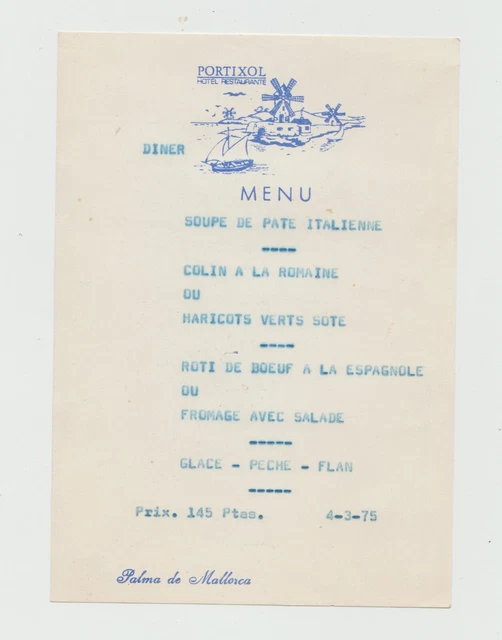 Ancien Menu Restaurant Le Portixol Palma De Mallorca