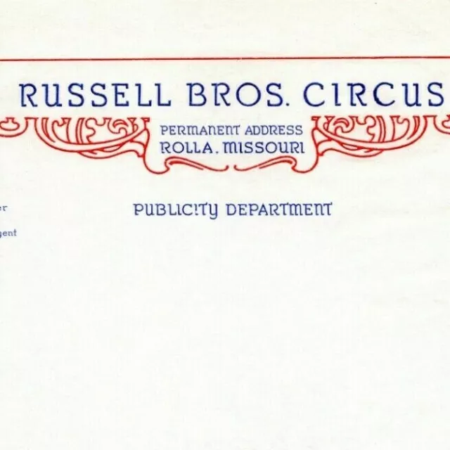 Scarce Russell Bros. Circus Letterhead c1930's-1943 - C.W. Webb Rolla, Missouri