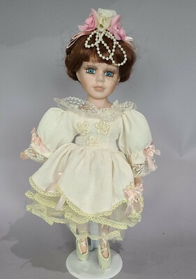 #255*- Porcelain 16.5"  Ballerina Doll♡ Red  Hair Blue Eyes Pink Lace Dress