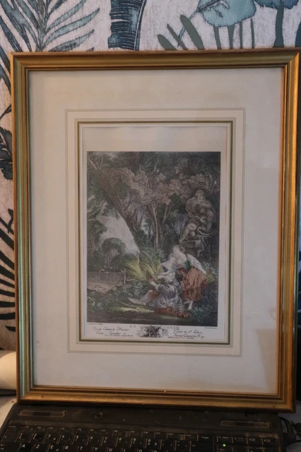 BELLE GRAVURE ENCADREE XVIIIe XIXe LA CHASSE en couleurs
