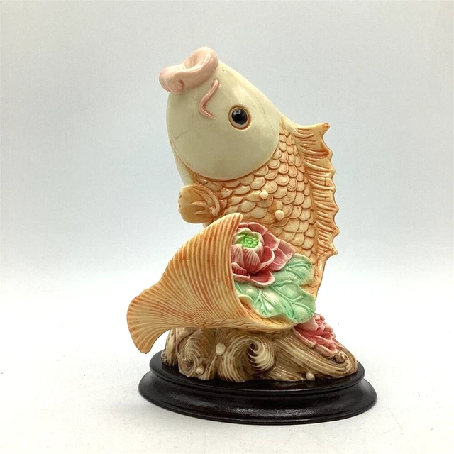 Koi Fish on Waves with Flowers 6" Figurine on Attached Wood Stand