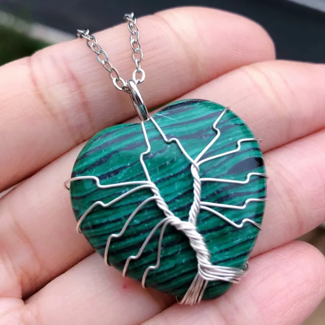 Malachite Gem stone Tree of life Necklace Heart  Chakra Reiki Healing Amulet