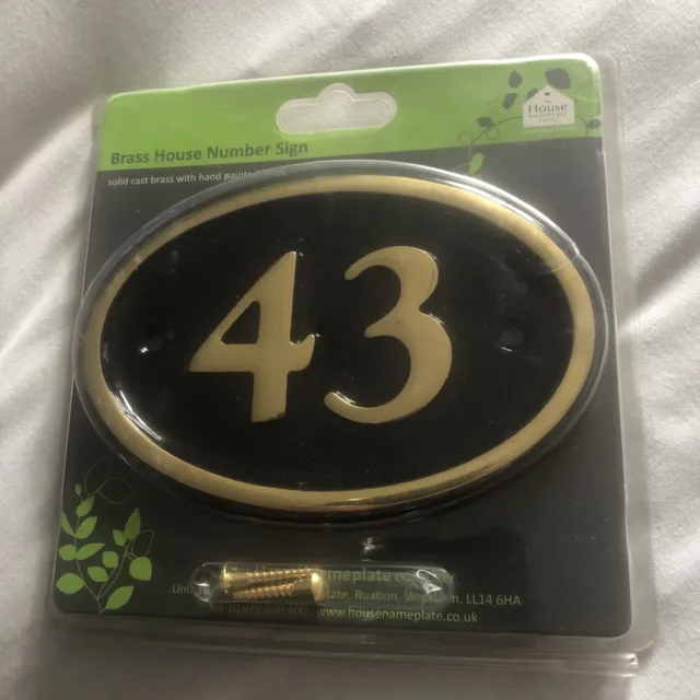 Oval Brass House Number 43 Sign Solid Cast Brass Hand Painted Finish, Free Post