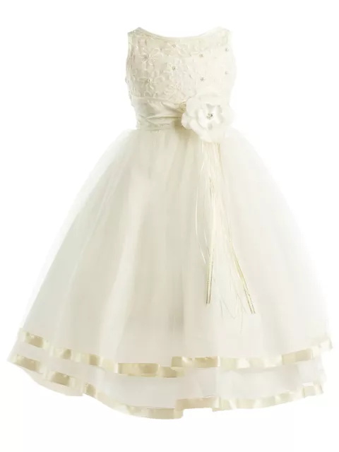 Peek-A-Boo Illusion Ribbon Communion Flower Girl Pageant Dress - Ivory