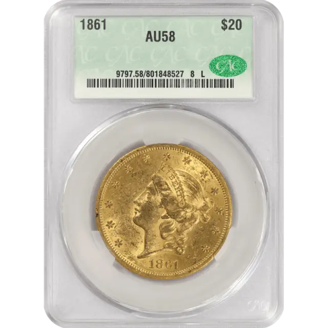 1861 Liberty Head $20 Gold Double Eagle,  CACG AU-58 CAC - Civil War Date, PQ+