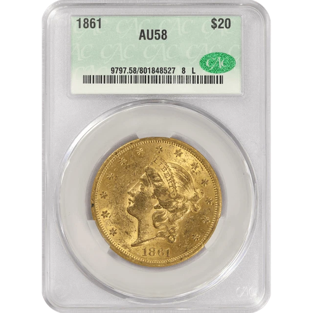 1861 Liberty Head $20 Gold Double Eagle,  CACG AU-58 CAC - Civil War Date, PQ+